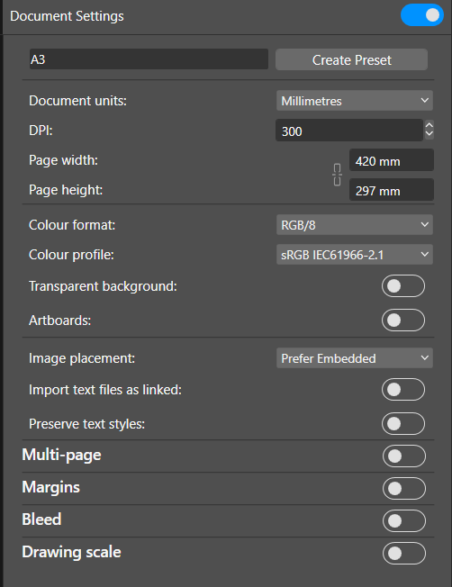 Affinity document settings
